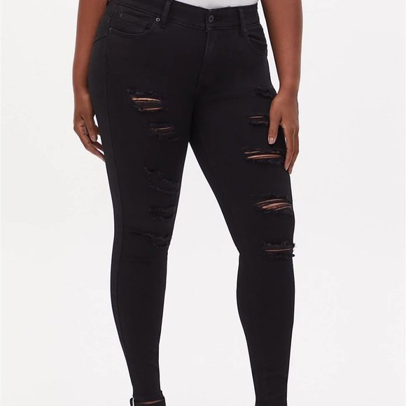 torrid Denim - Torrid Black Bombshell Skinny Premium Stretch High-Rise Destructed Jean Size 14R